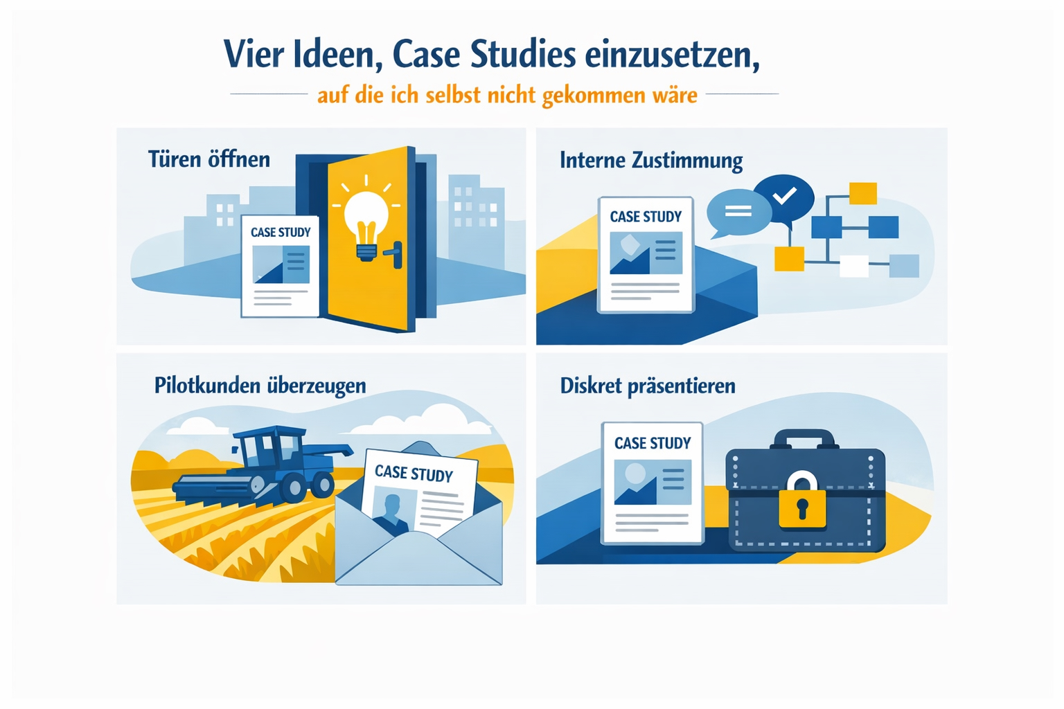 Grafik: Vier Ideen, Case Studies einzusetzen – Türen öffnen, interne Zustimmung, Pilotkunden überzeugen, diskret präsentieren