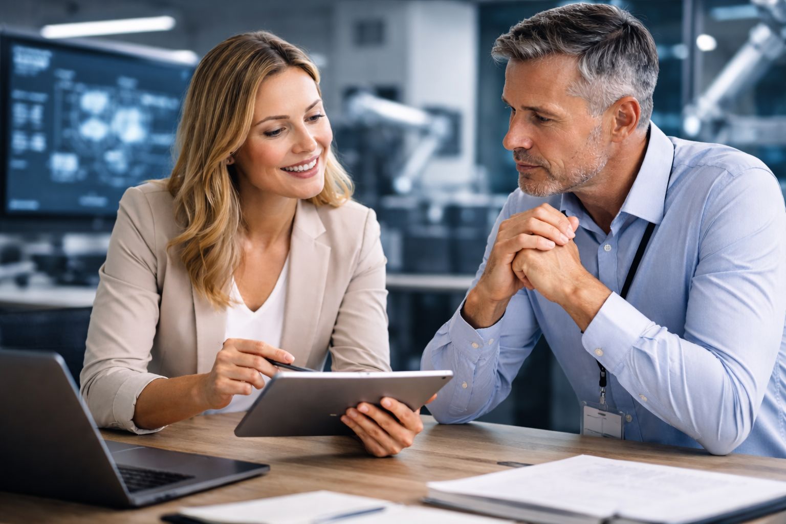 Beraterin und Kunde besprechen gemeinsam eine Case Study auf einem Tablet