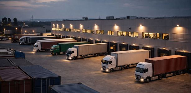 Luftaufnahme eines Logistikzentrums mit mehreren Lkw an der Verladerampe in der Abenddämmerung