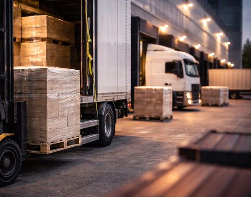Nahaufnahme einer Verladerampe mit Lkw und Gabelstapler im Vordergrund
