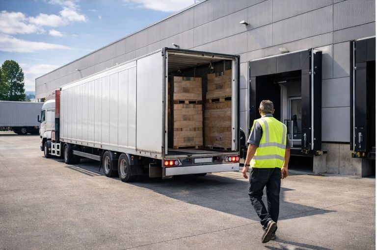 Mitarbeiter geht zu einem Lkw, der an der Rampe beladen wird